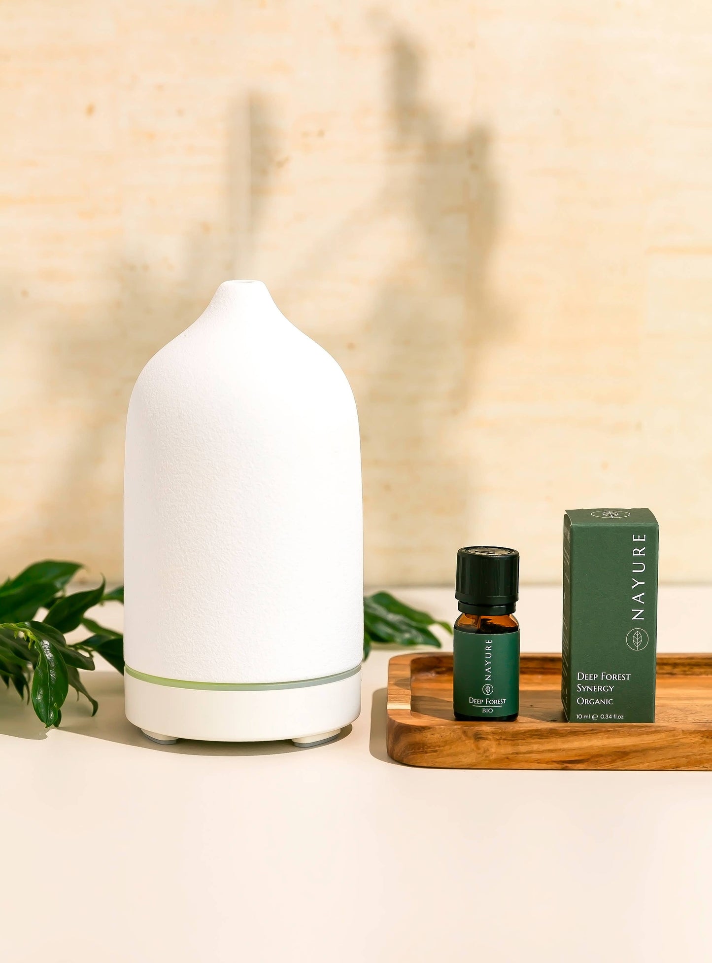 Weißer Keramik-Diffuser mit ätherischem Öl und Verpackung auf einem Holztisch. Natürliche Deko mit Pflanzen im Hintergrund – ideal für Aromatherapie und Entspannung.