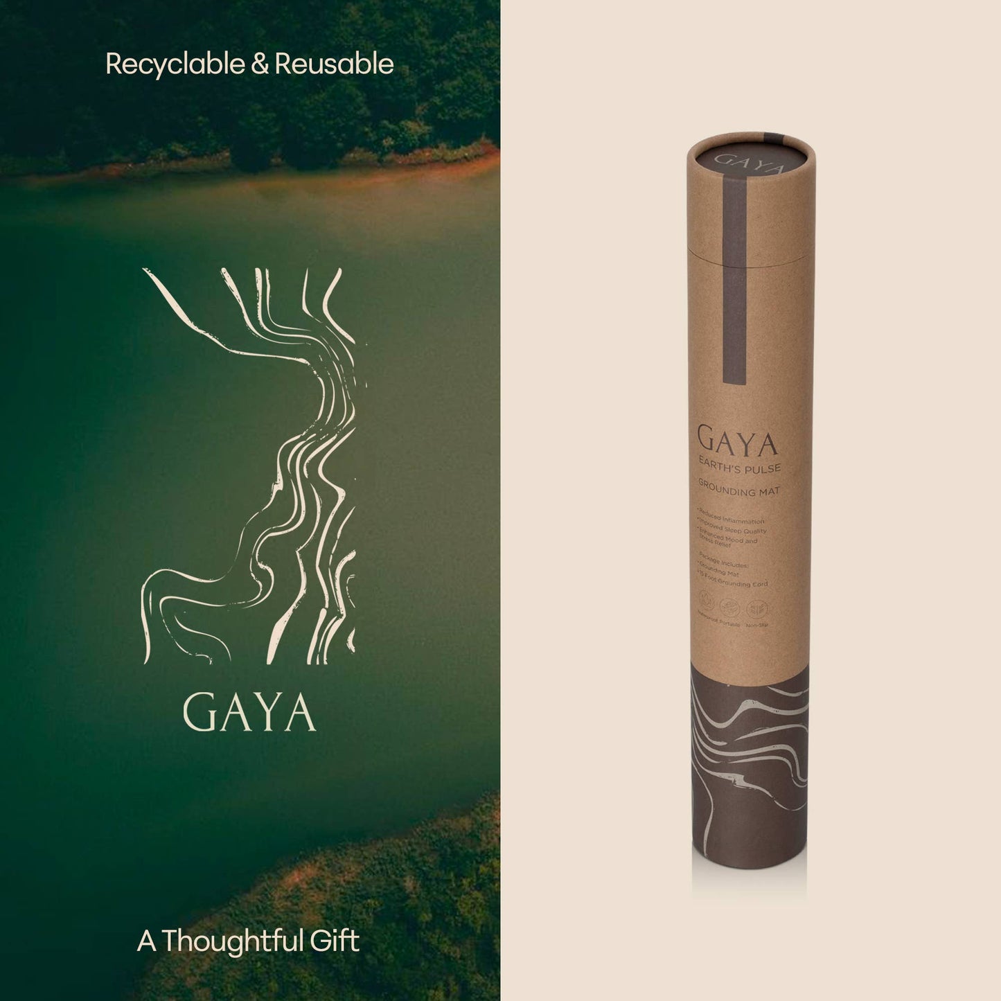 Nachhaltige GAYA Erdungsmatte – recycelbare und wiederverwendbare Verpackung, perfekt als Geschenk.