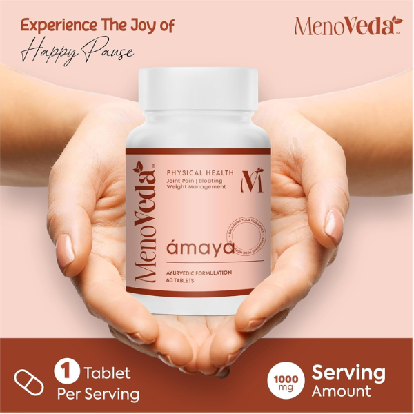 Nahaufnahme der Menoveda Amaya Tabletten – Eine Tablette pro Portion, 1000 mg Wirkstoffmenge für tägliche Unterstützung während der Menopause.