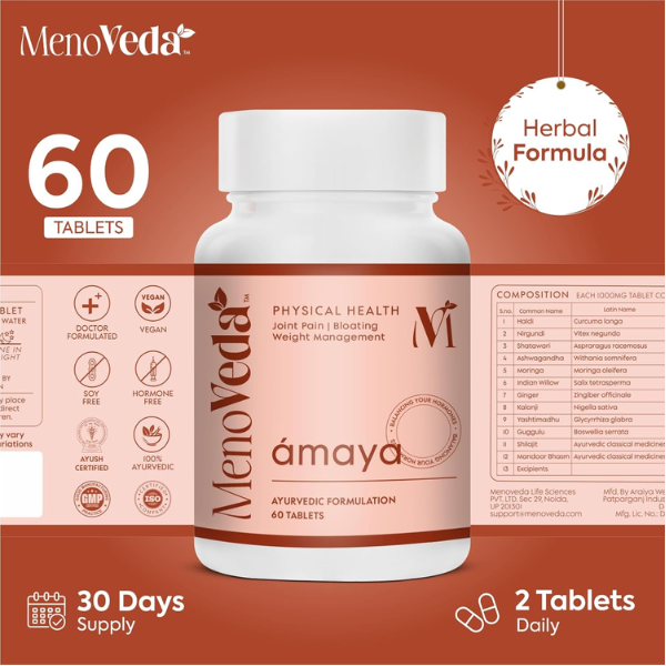 Verpackung der Menoveda Amaya Tabletten mit Angaben zu 60 Tabletten, 30 Tage Versorgung und täglicher Einnahmeempfehlung von 2 Tabletten.