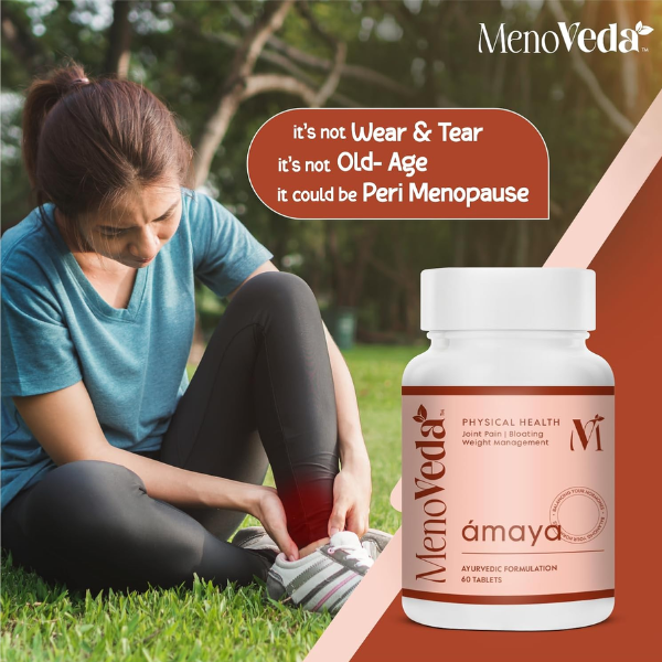 Übersicht der Menoveda Amaya Tabletten zur Unterstützung bei Symptomen wie Blähungen, Müdigkeit, Gelenkschmerzen, Hitzewallungen und Verdauungsproblemen.