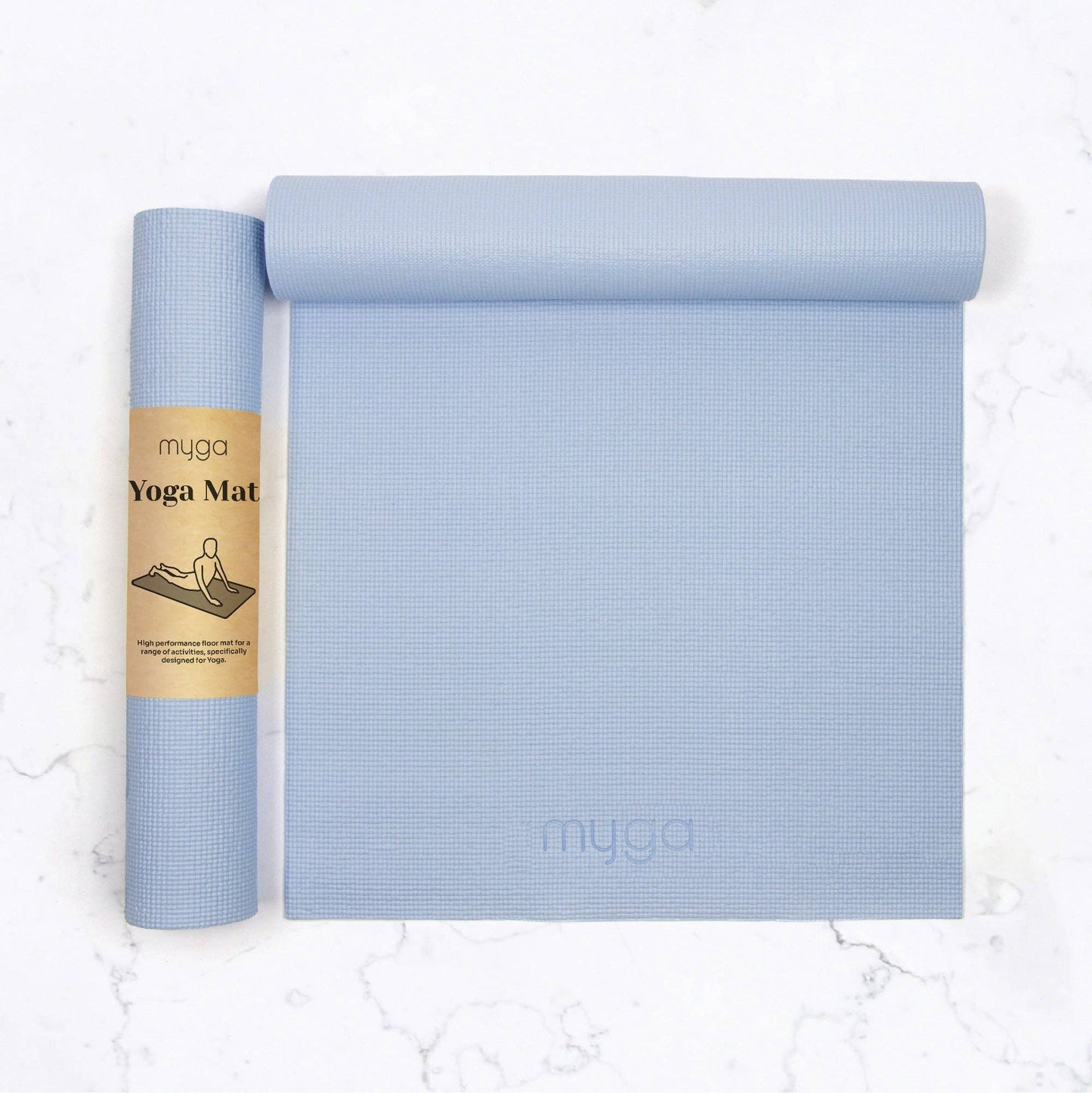Aufgerollte hellblaue Myga Yogamatte mit braunem Papierbanderole auf weißem Hintergrund – rutschfest und ideal für Yoga oder Pilates.