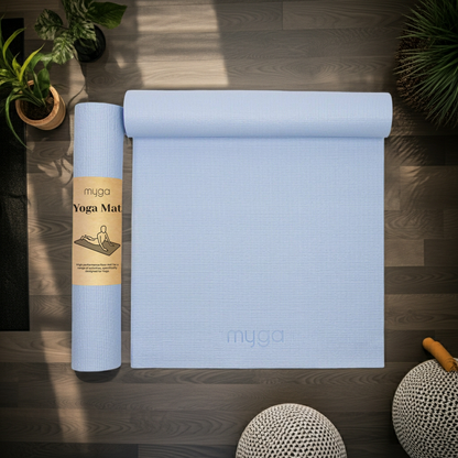 Hellblaue Myga Yogamatte mit strukturierter Oberfläche für sicheren Halt