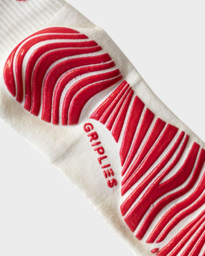 Unterseite von Pilates Socken mit Anti Rutsch Grip Sohle in Rot Weiß