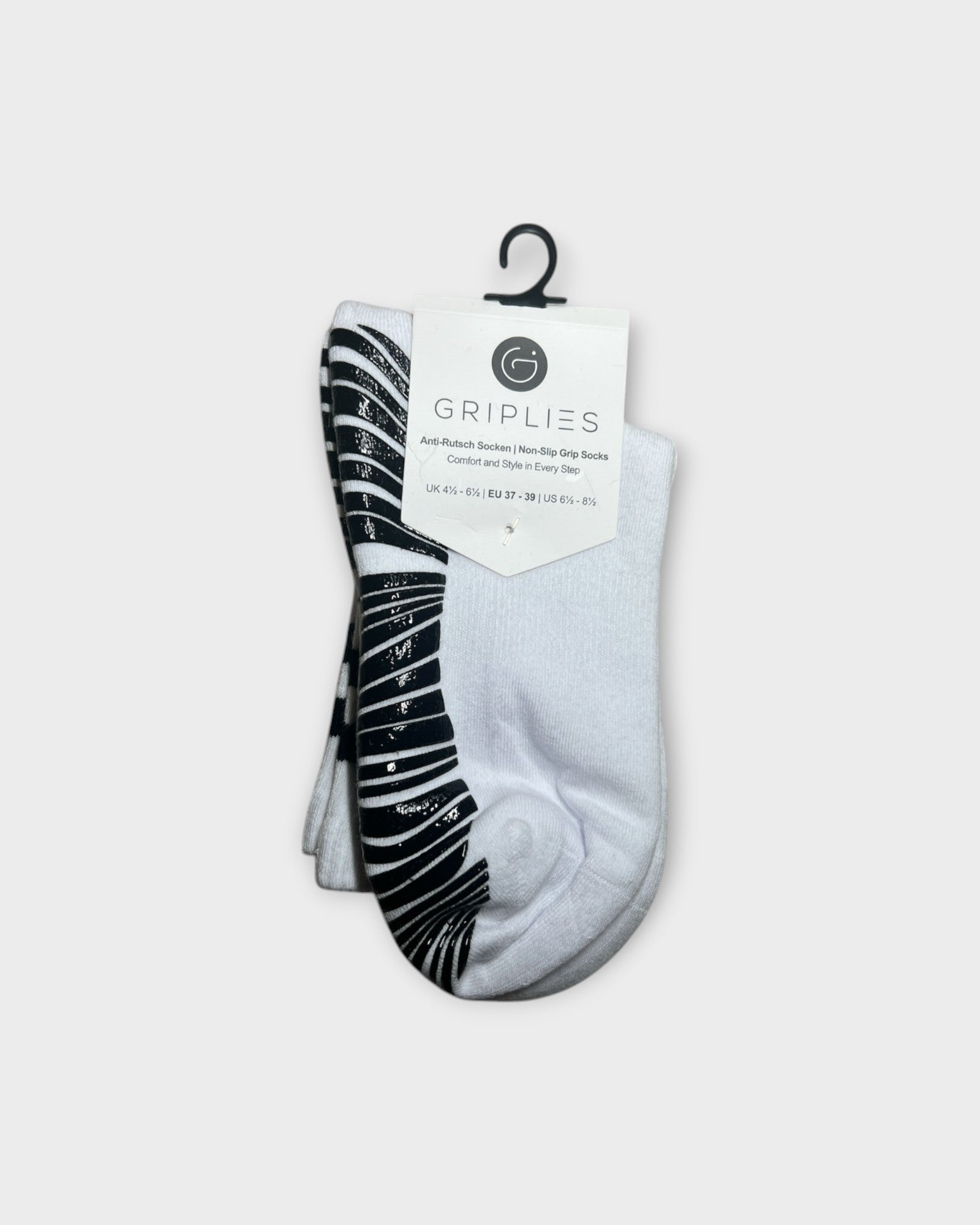 Pilates Grip Socken Damen klassisch weiß mit schwarzen Streifen in Verpackung