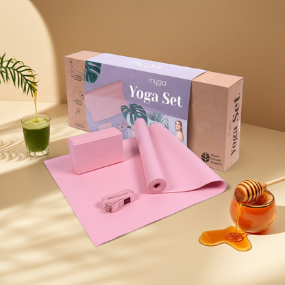 Myga Yoga Starter-Set Rosa mit Yogamatte, Block und Gurt für Einsteiger