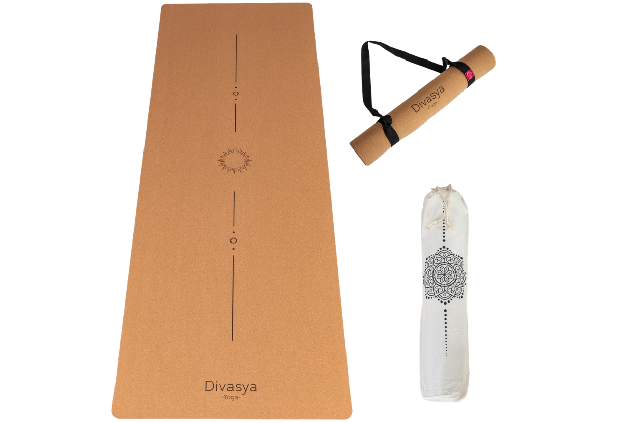 ogamatte aus Naturkork mit Ausrichtungslinie, Kork-Yogamatte aus Portugal-Kork mit Naturkautschuk und Tragegurt