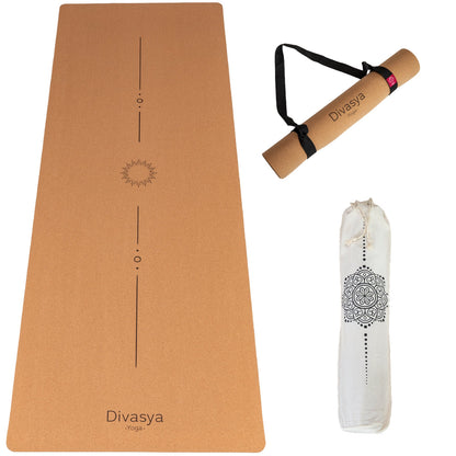 Yogamatte aus Naturkork mit Ausrichtungslinie, Kork-Yogamatte aus Portugal-Kork mit Naturkautschuk und Tragegurt