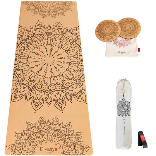 Yoga Set KOMFORT: Kork Yogamatte mit Yoga Knie Pads