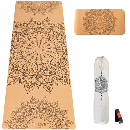 Yoga Set aus Kork mit Mandala-Design, rutschfeste Kork-Yogamatte und Yoga-Pad aus Naturkautschuk, gelenkschonend