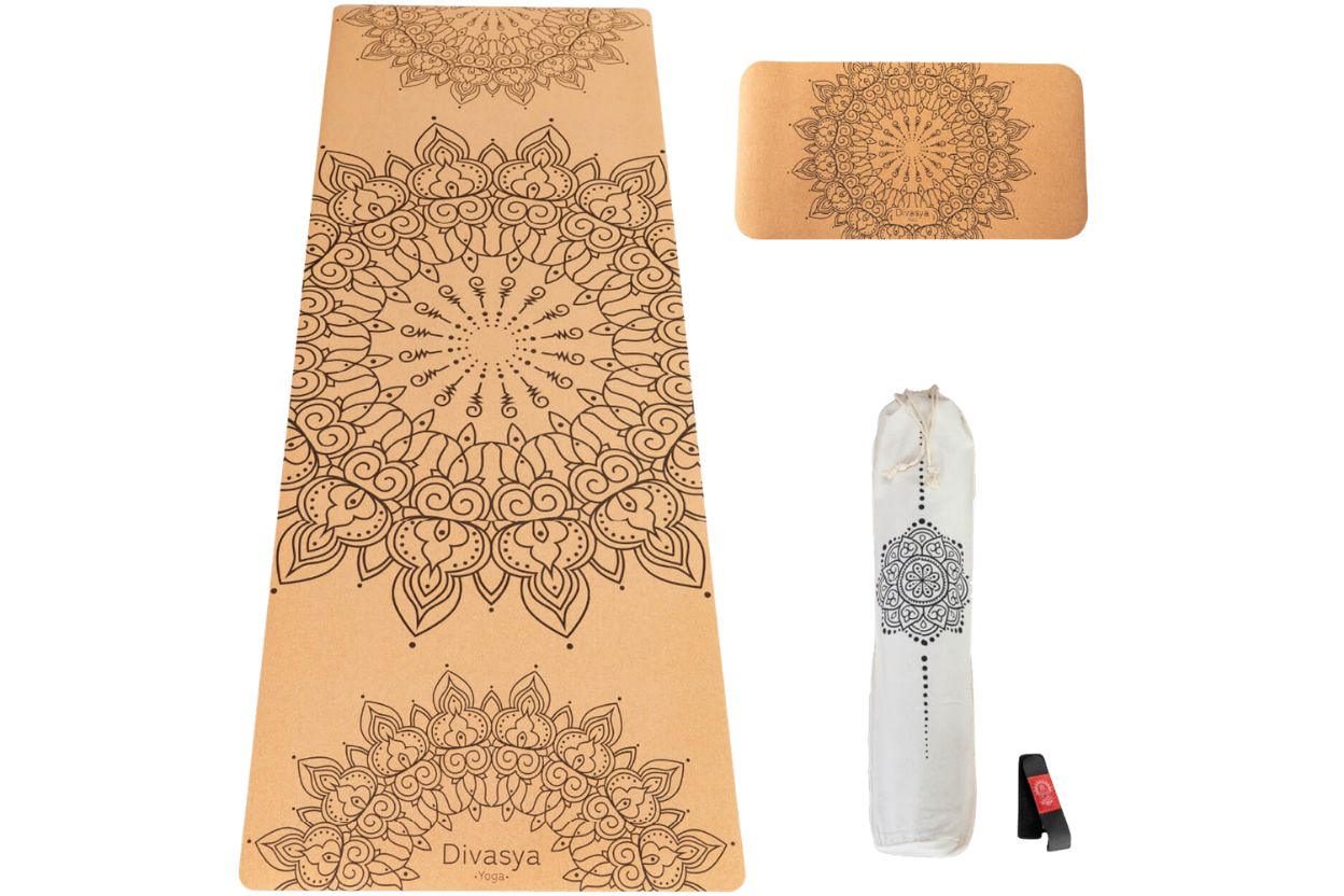 Yoga Set aus Kork mit Mandala-Design, rutschfeste Kork-Yogamatte und Yoga-Pad aus Naturkautschuk, gelenkschonende
