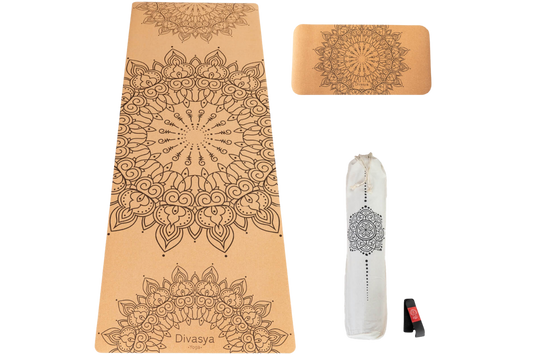Yoga Set aus Kork mit Mandala-Design, rutschfeste Kork-Yogamatte und Yoga-Pad aus Naturkautschuk, gelenkschonende