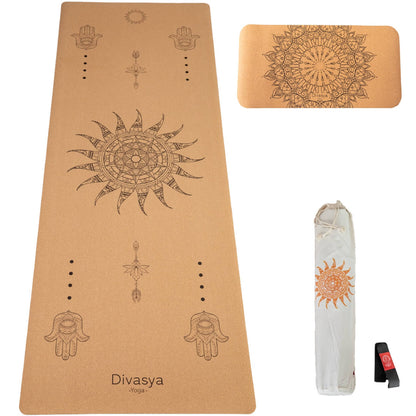 Rutschfeste Kork-Yogamatte mit Sonnen-Design, Yoga Set aus Kork und Naturkautschuk für Yoga und Pilates