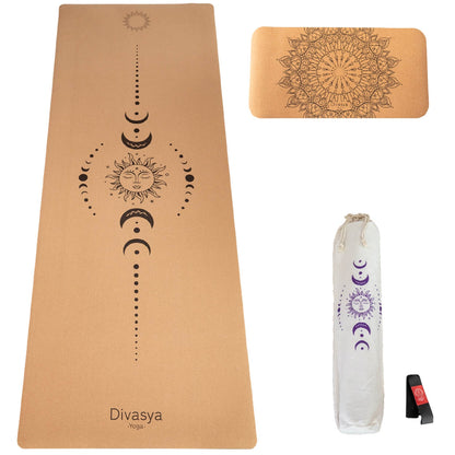 Yoga Set aus Kork mit Sun Moon Design, hochwertige Yogamatte und Yoga Pad für Balance, Stabilität und Gelenkschutz