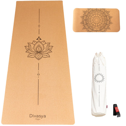 Kork Yogamatte mit Lotus Design im Yoga Set Support, ökologische Yogamatte aus Naturkork mit rutschfester Unterseite