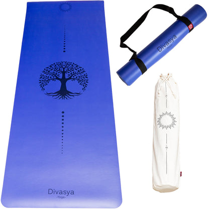 Yogamatte Zen Grip in Jeans Blue mit Baum-Design und Tragegurt, Premium-Yogamatte für Yoga und Pilates