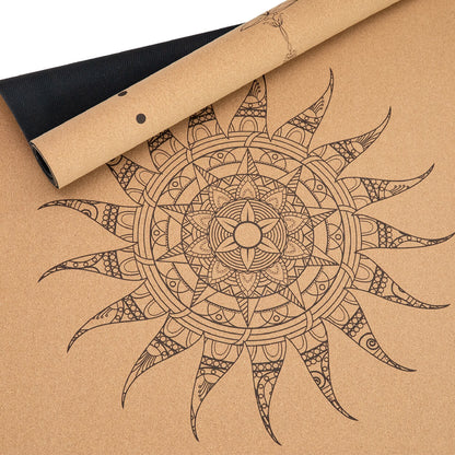 Kork-Yogamatte mit Sun-Dancer Mandala, rutschfeste Natur-Yogamatte für Vinyasa und Hatha Yoga