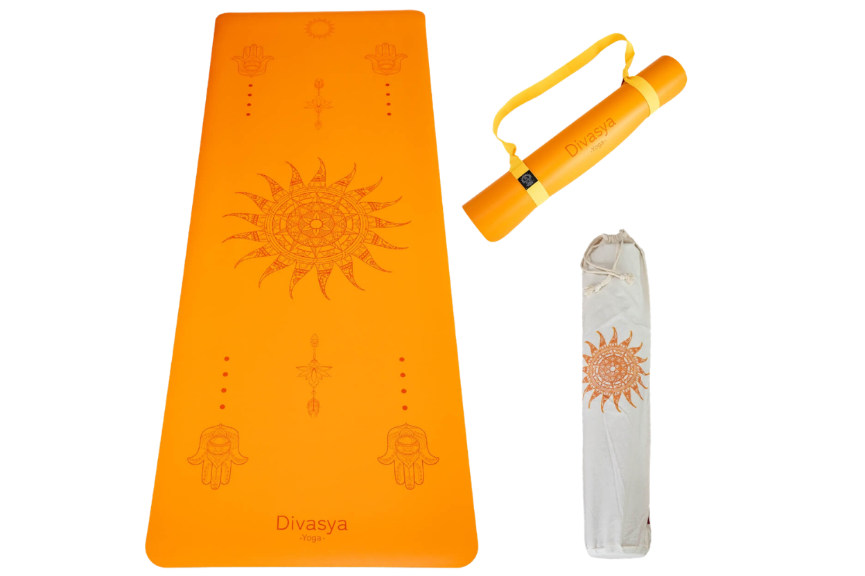 Rutschfeste Yogamatte Inner Balance in Golden Orange mit Mandala-Design, Yogamatte aus Naturkautschuk mit Eco-PU-Oberfläche