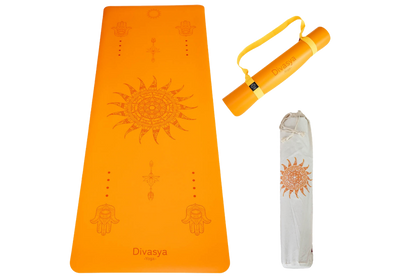 Rutschfeste Yogamatte Inner Balance in Golden Orange mit Mandala-Design, Yogamatte aus Naturkautschuk mit Eco-PU-Oberfläche