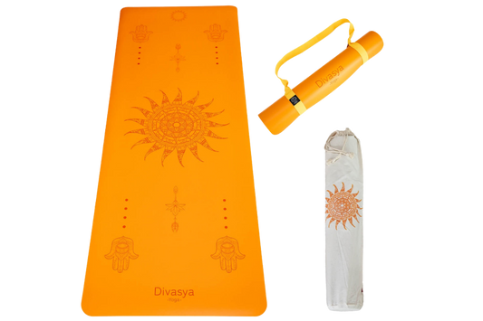 Rutschfeste Yogamatte Inner Balance in Golden Orange mit Mandala-Design, Yogamatte aus Naturkautschuk mit Eco-PU-Oberfläche
