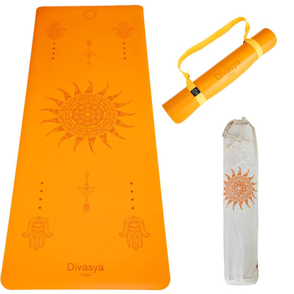 Yogamatte Zen Grip in Golden Orange mit Sonnenmotiv und Tragegurt, hochwertige Yogamatte mit starkem Grip