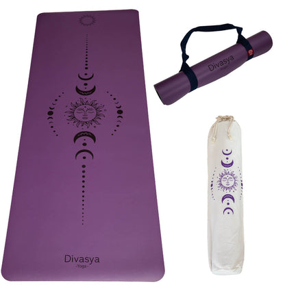 Yogamatte Zen Grip in Mystic Purple mit Mondphasen-Design und Tragegurt, rutschfeste Yogamatte aus Naturkautschuk und Eco-PU