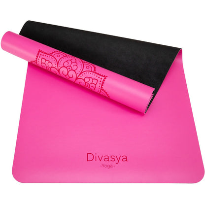 Yogamatte Inner Balance in Pink mit eingerolltem Rand, rutschfeste Yoga- und Pilatesmatte aus Naturkautschuk mit Eco-PU-Oberfläche