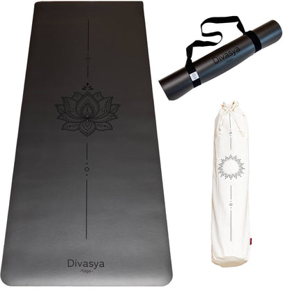 Yogamatte Inner Balance in Black Lotus mit zentralem Mandala-Motiv inklusive Tragegurt, hochwertige rutschfeste Yoga- und Pilatesmatte