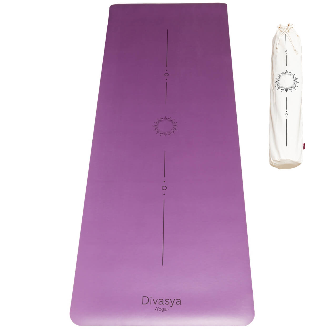 Ausgerollte lilafarbene Yogamatte aus Naturkautschuk mit rutschfester Oberfläche und beiliegendem Tragegurt, Draufsicht