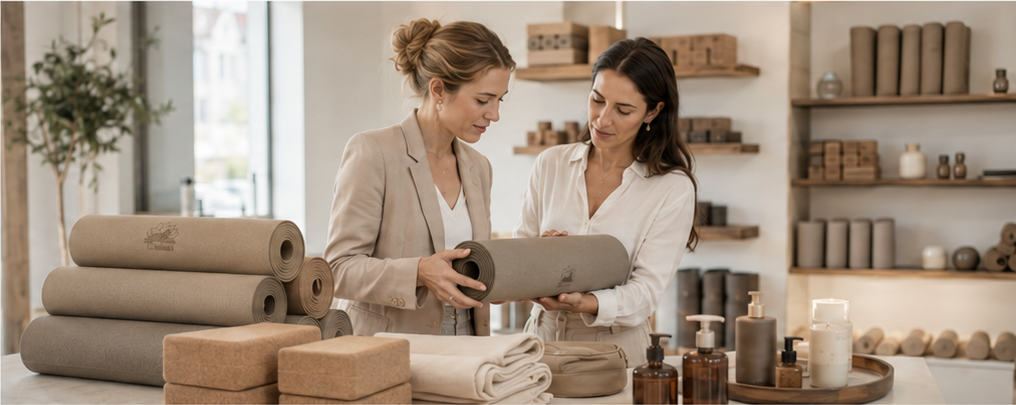 Zwei Frauen begutachten Écalutier Yogamatten, Kork-Blöcke und Selfcare-Produkte in einem hellen Concept Store