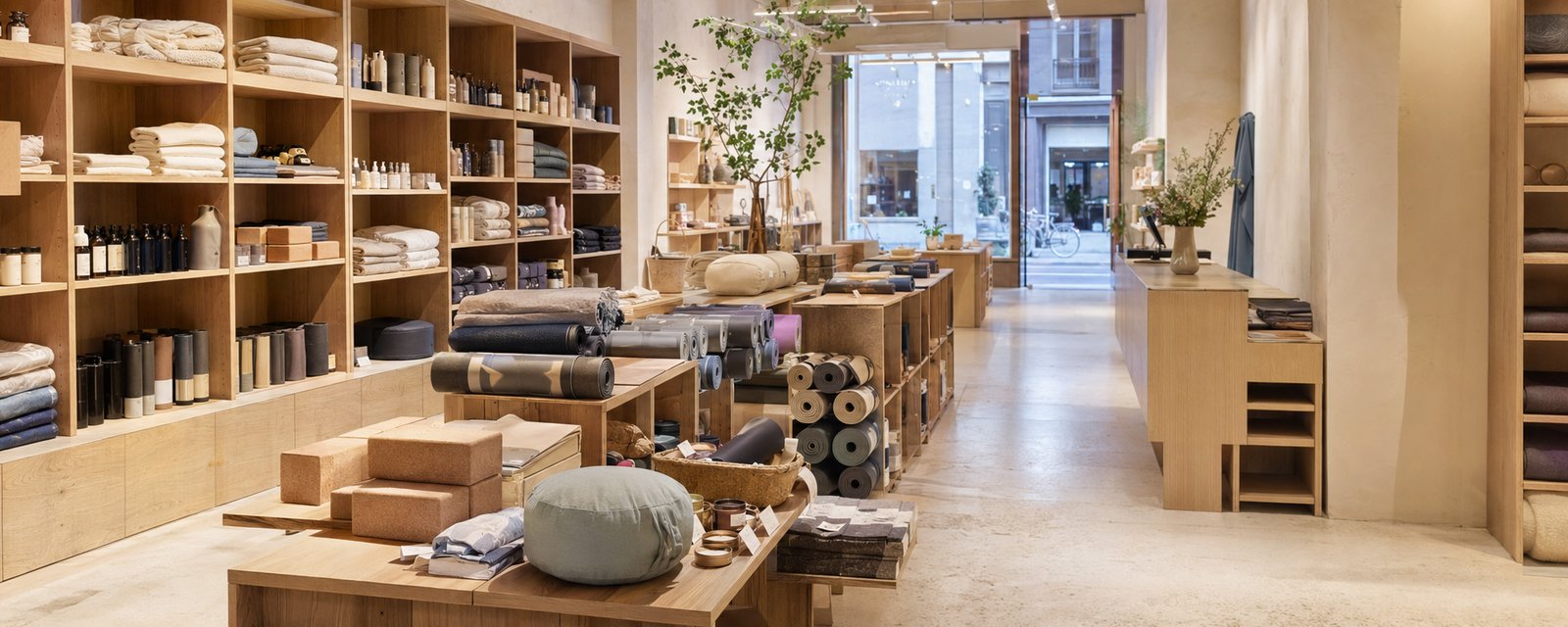 Heller Concept Store mit Holzregalen voller Yogamatten, Kork-Blöcken, Meditationskissen und Selfcare-Produkten