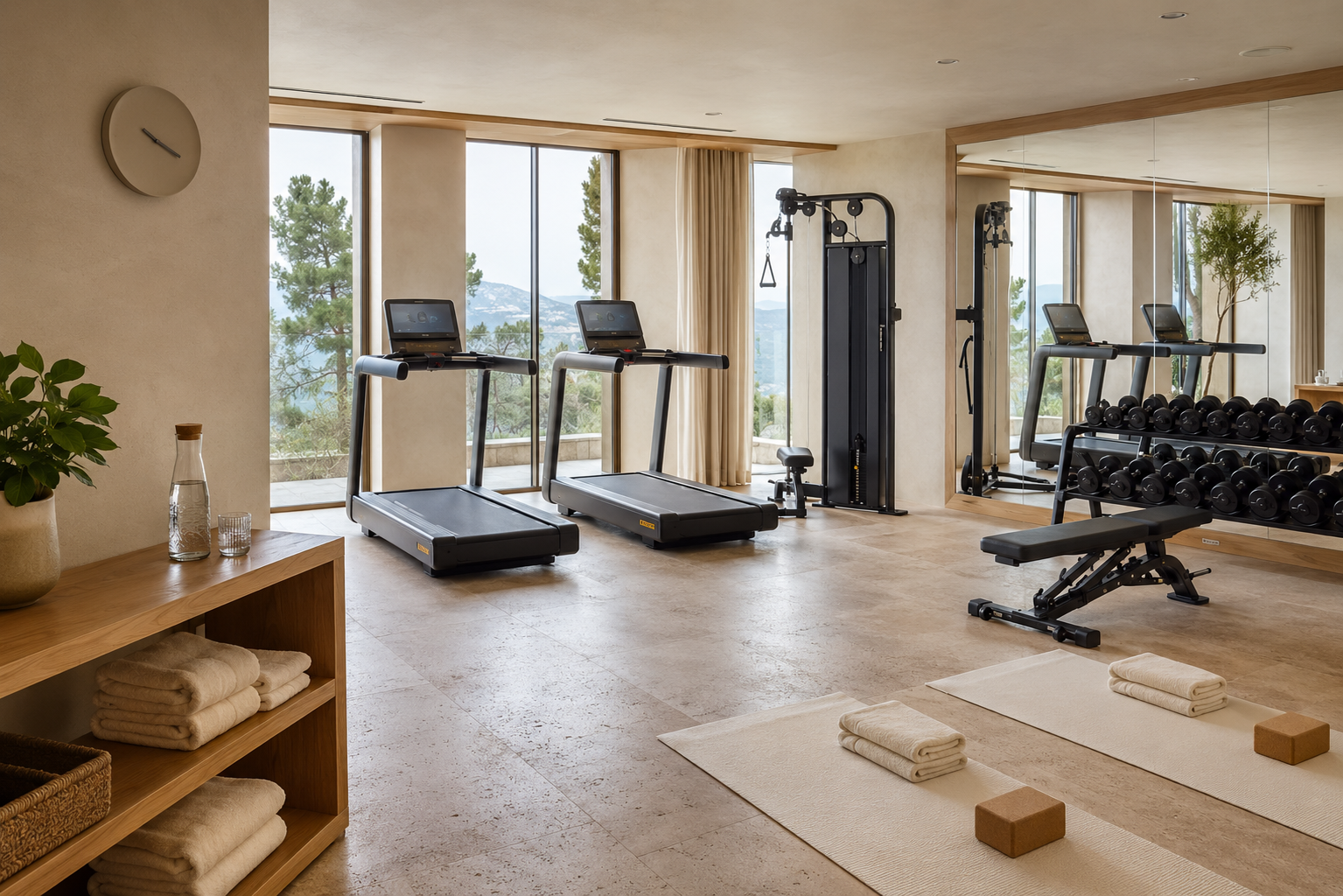 Heller Hotel-Fitnessbereich mit Panoramafenstern, Laufbändern, gefalteten Handtüchern, Yogamatten und Kork-Blöcken