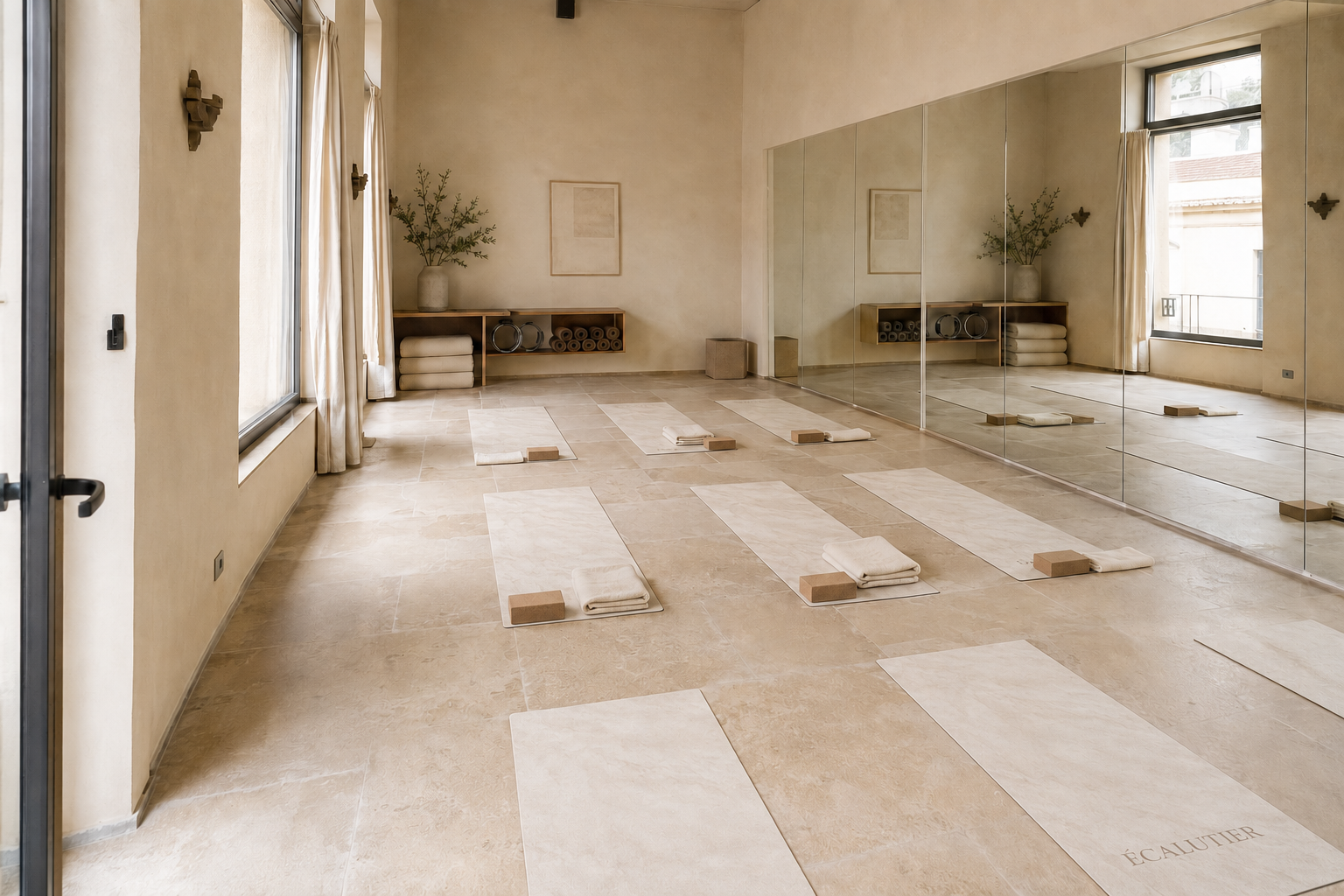 Heller Yogastudio-Kursraum mit ausgelegten Écalutier Yogamatten, Kork-Blöcken und gefalteten Decken vor einer Spiegelwand