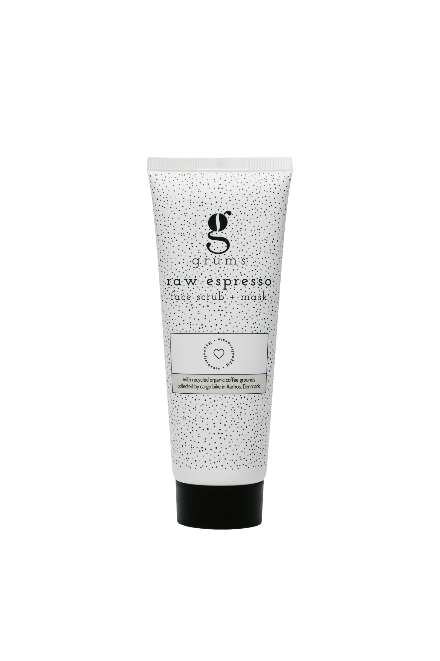 Freigestelltes Produktbild der grums Raw Espresso Face Scrub + Mask Tube vor transparentem Hintergrund.