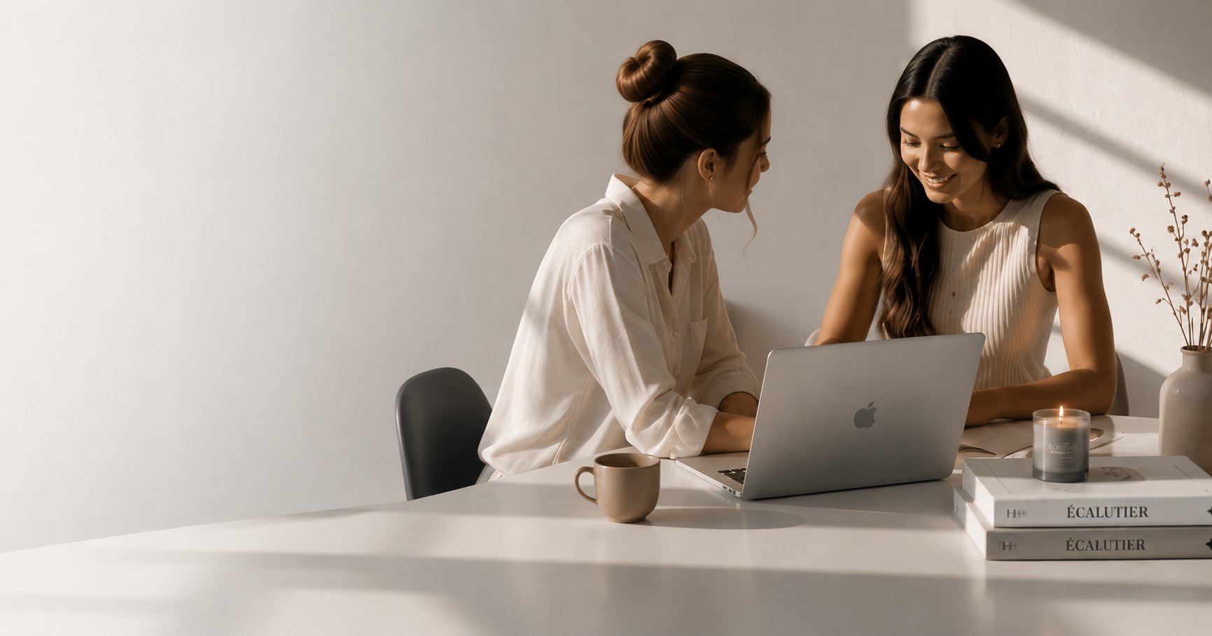 Zwei Frauen aus dem Écalutier-Team arbeiten gemeinsam am Laptop