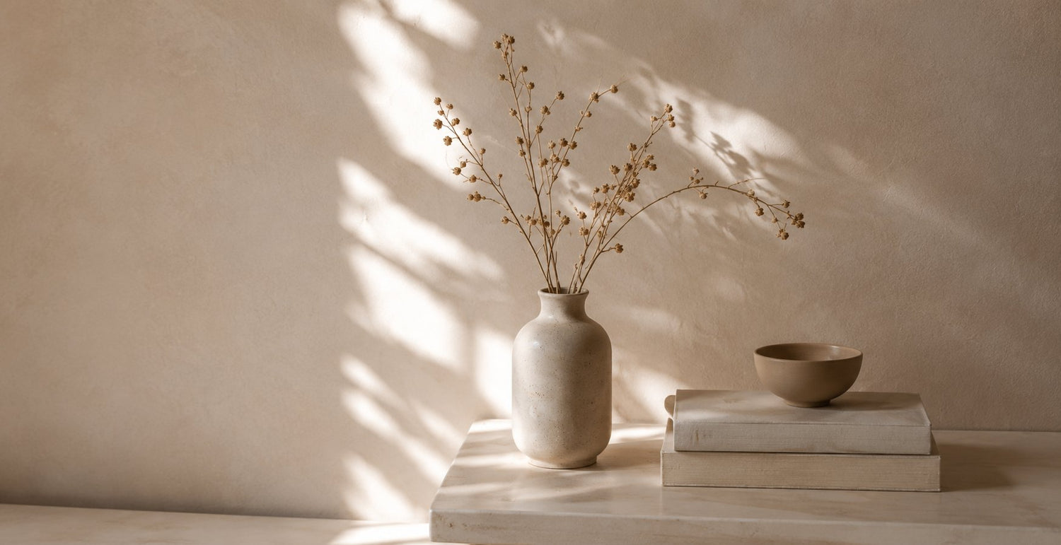 Ruhiges Stillleben mit Vase, Trockenblumen und Écalutier-Büchern