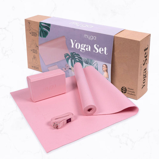 Rosa Yoga-Set von Myga mit Matte, Yoga-Blöcken, Gurt und Verpackung. Komplettes Set für Yoga, Pilates und Fitness.