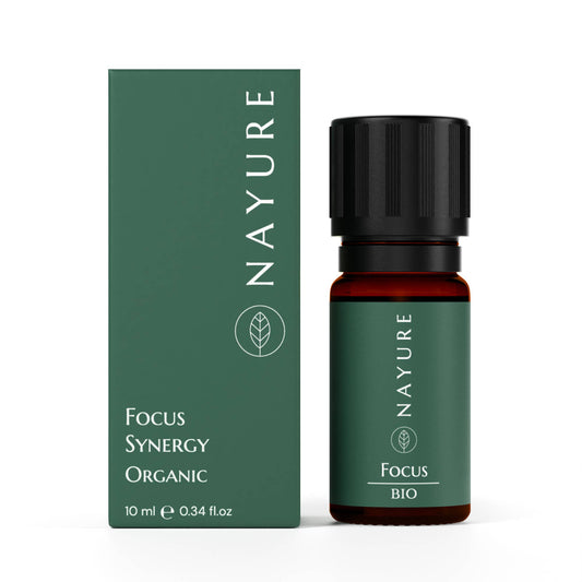 Ätherisches Bio-Öl NAYURE Focus Synergy in grüner Verpackung, 10ml Flasche. Natürliches Öl zur Förderung von Konzentration und geistiger Klarheit.
