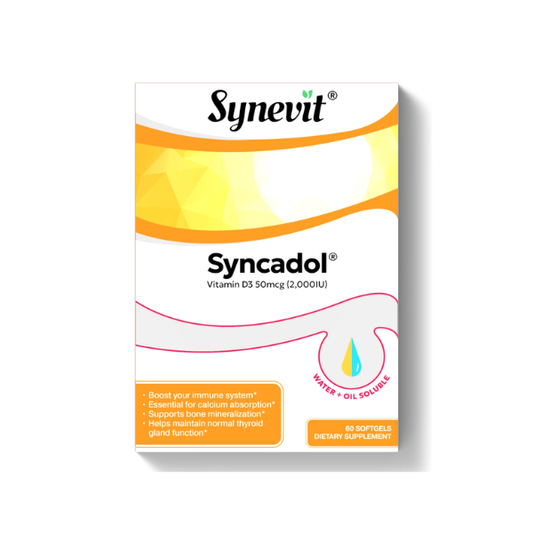 Produktbild von Synevit Syncadol Vitamin D3 2000 IU unterstützt Immunsystem, Knochenstärke und Muskelgesundheit.