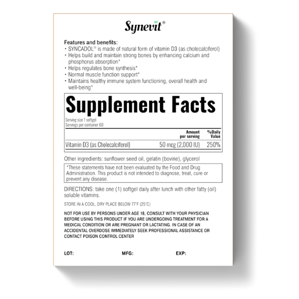 Rückseite der Synevit Syncadol Verpackung mit Inhaltsstoffe, Supplement Facts und Anwendungshinweise.